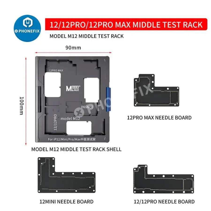 MaAnt motherboard layered test platform fixture for iPhone X to 12 Pro Max, used for PCB separation and repair testing by PHONEFIX