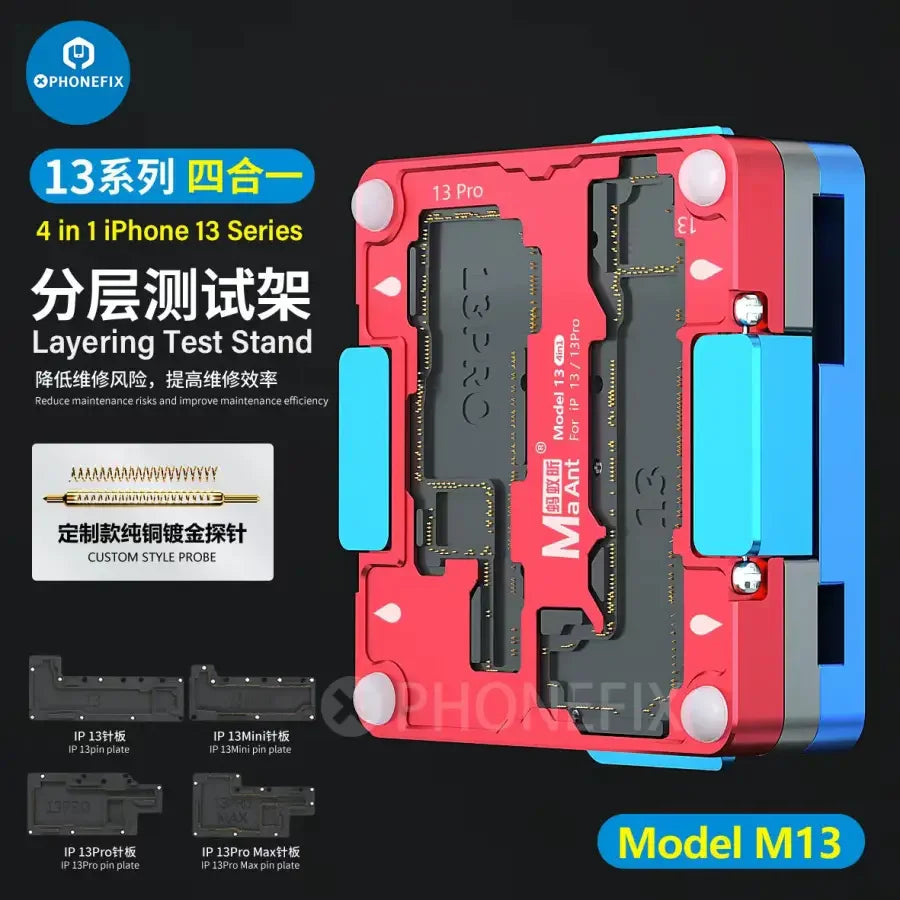 MaAnt M13 motherboard layered test fixture for iPhone 13 Pro Max, used for PCB testing and separation, by PHONEFIX.