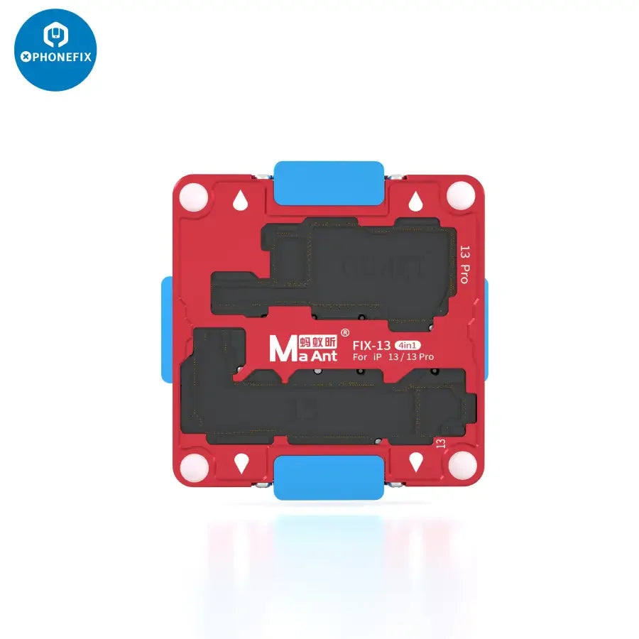 MaAnt M13 motherboard layered test fixture for iPhone 13 Pro Max, a PCB separating fixture by PHONEFIX, shown with multiple layers and components.