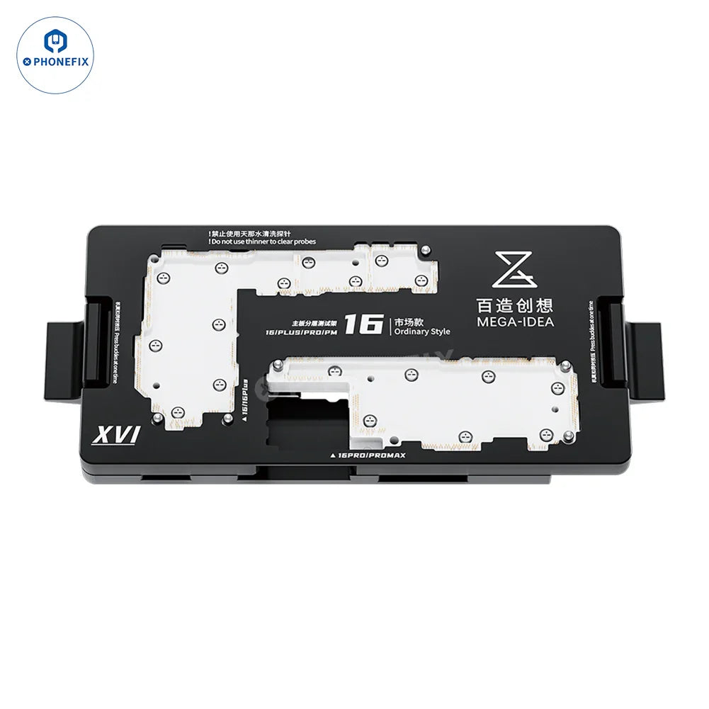 PHONEFIX MEGA-IDEA iPhone 16 Series 4-in-1 motherboard layered test frame PCB separating fixture on a white background.