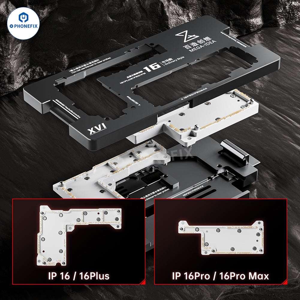 PHONEFIX MEGA-IDEA iPhone 16 Series 4-in-1 motherboard layered test frame PCB separating fixture showing layered structure and test slots.