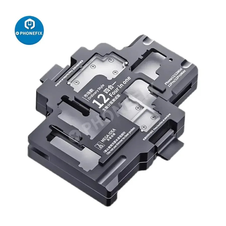 MEGA-IDEA motherboard test fixture for iPhone X, 14 Pro Max, and iPhone 16 Pro Max by PHONEFIX, used for PCB separation testing.