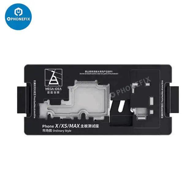 MEGA-IDEA motherboard test fixture for iPhone X, 14 Pro Max, and 16 Pro Max PCB separation by PHONEFIX, used for repair testing.