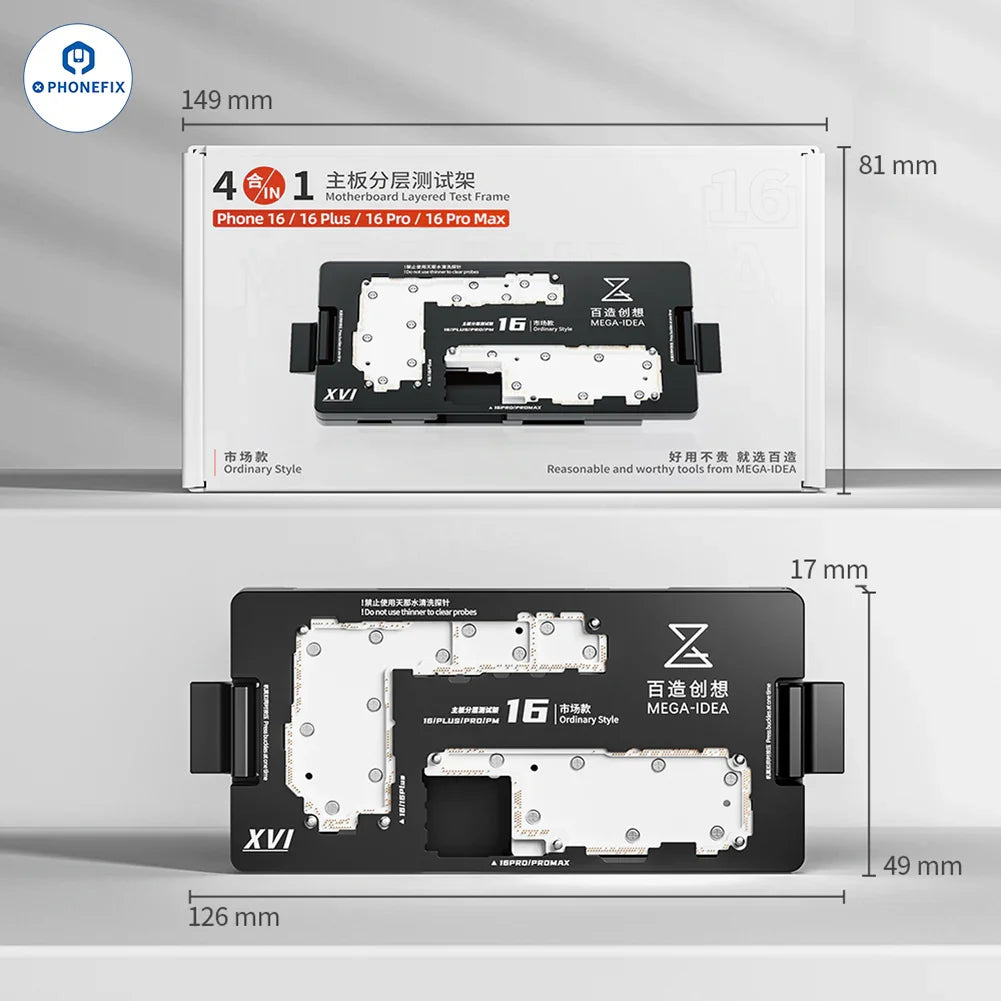 PHONEFIX MEGA-IDEA motherboard test fixture for iPhone X-16 Pro Max PCB separating fixture with metal clamps and testing components