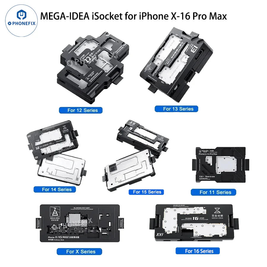 PHONEFIX MEGA-IDEA motherboard test fixture for iPhone X to 16 Pro Max, PCB separating fixture for repair and testing.