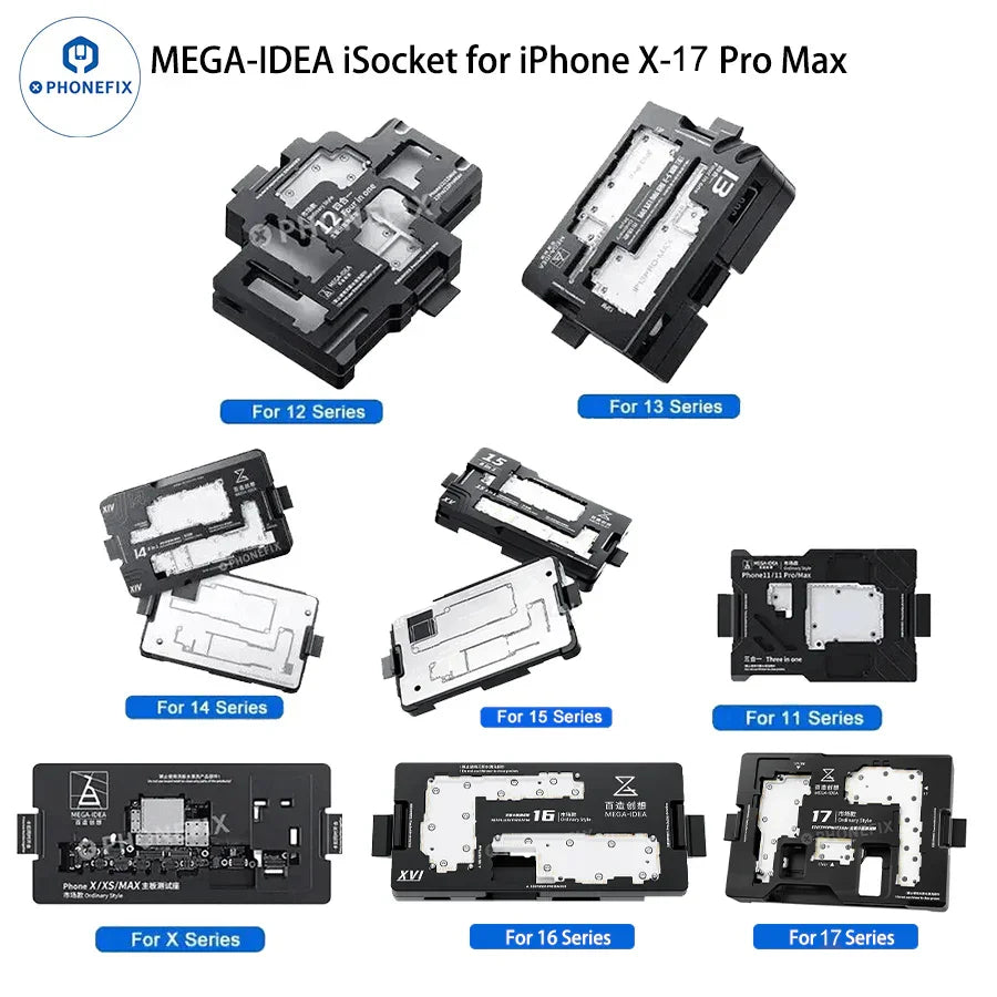 MEGA-IDEA motherboard test fixture for iPhone X to 16 Pro Max, PCB separating fixture by PHONEFIX for device repairs.