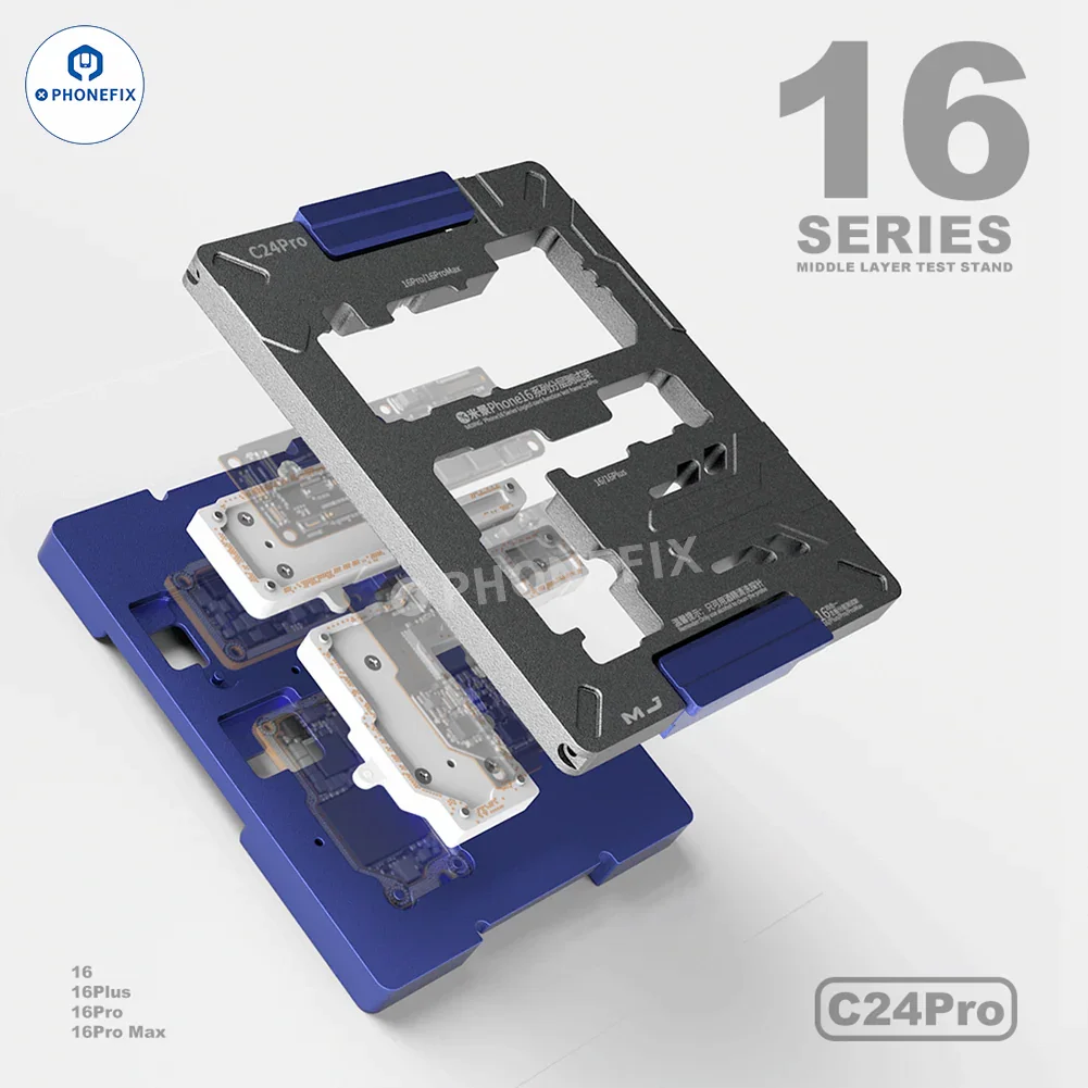 MIJING C24Pro iPhone 16 Series middle layer test fixture for PCB separation by PHONEFIX, showing the fixture setup and components.