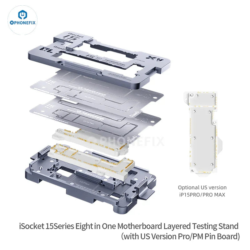 QianLi iSocket iPhone 15 series motherboard layered test fixture by PHONEFIX, showing PCB separating fixture with detailed components.