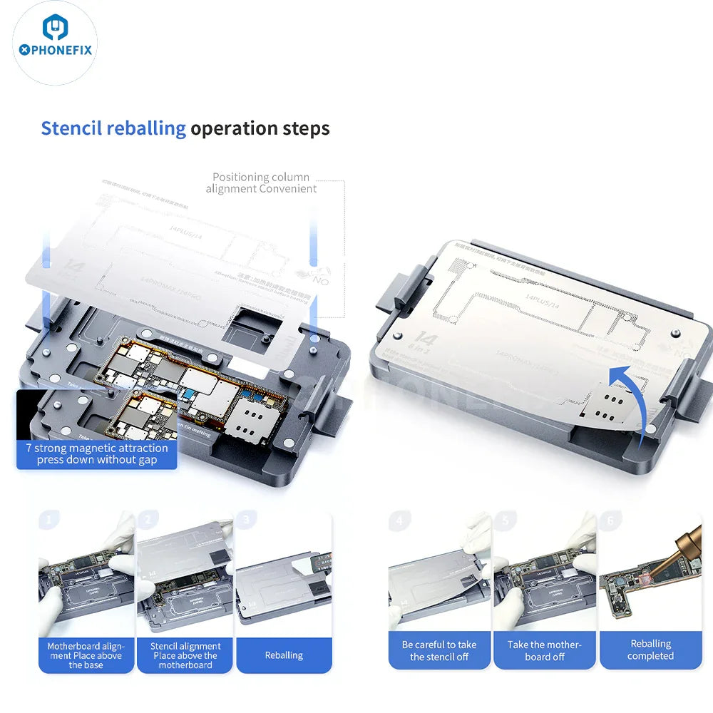 QianLi iSocket iPhone 15 series motherboard layered test fixture for PCB separation by PHONEFIX, with detailed fixture components.