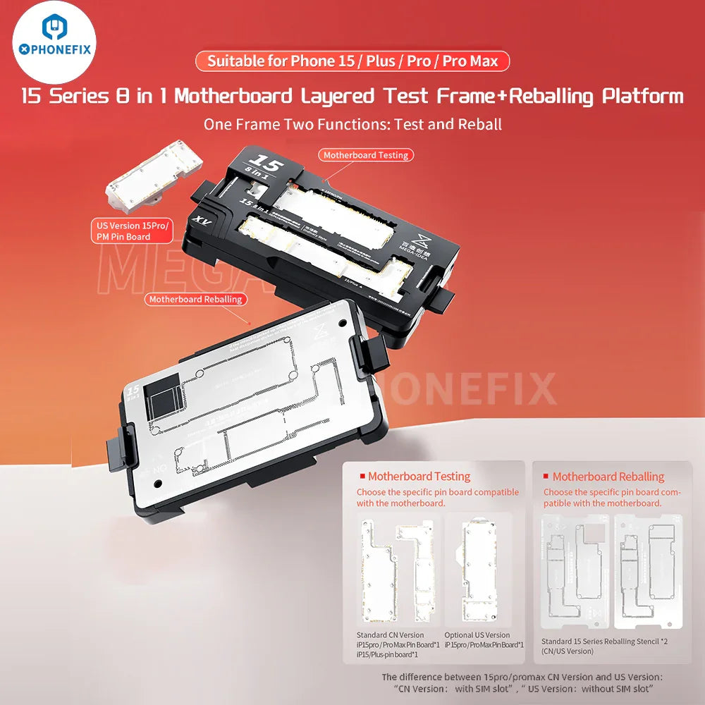 QianLi iSocket iPhone 15 motherboard layered test fixture for PCB separation by PHONEFIX, showing the fixture and layered components.