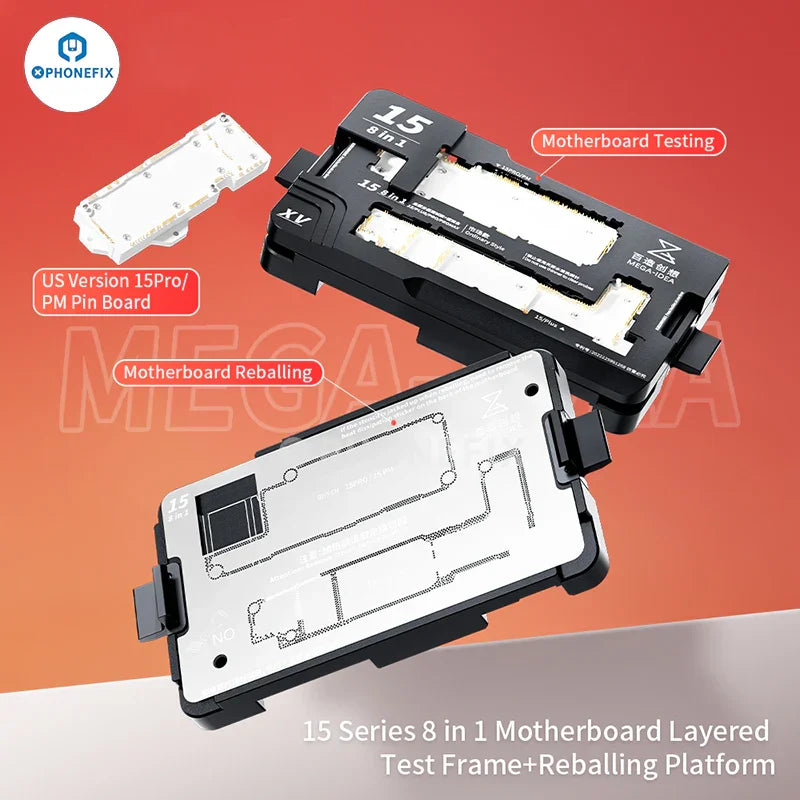 QianLi iSocket iPhone 15 motherboard layered test fixture for PCB separation by PHONEFIX, shown in the image.