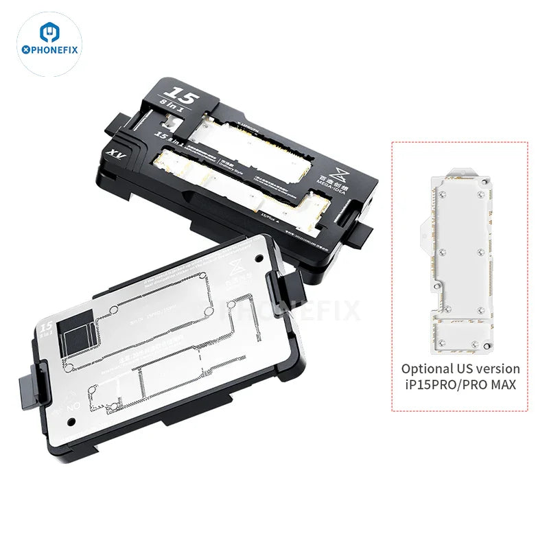 QianLi iSocket iPhone 15 motherboard layered test fixture for PCB separation, by PHONEFIX, seen with precise fixture components.