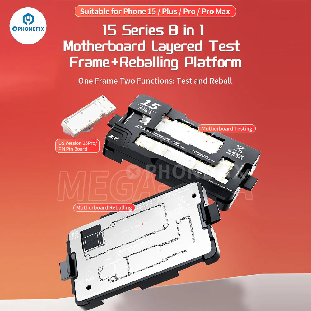 QianLi PHONEFIX iSocket iPhone 15 motherboard layered test fixture for PCB separation and testing.