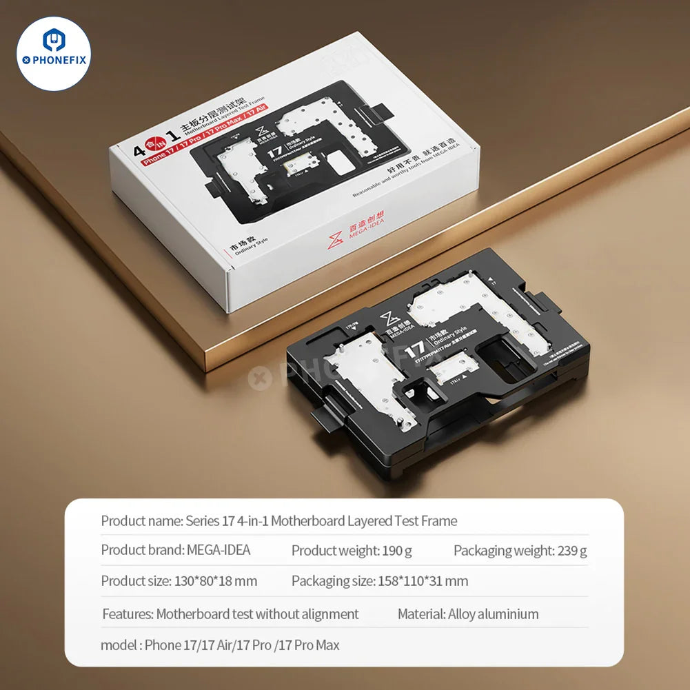 QIANLI MEGA-IDEA iSocket PCB separating fixture for iPhone 17 series, shown with layered test fixture components and PCB.