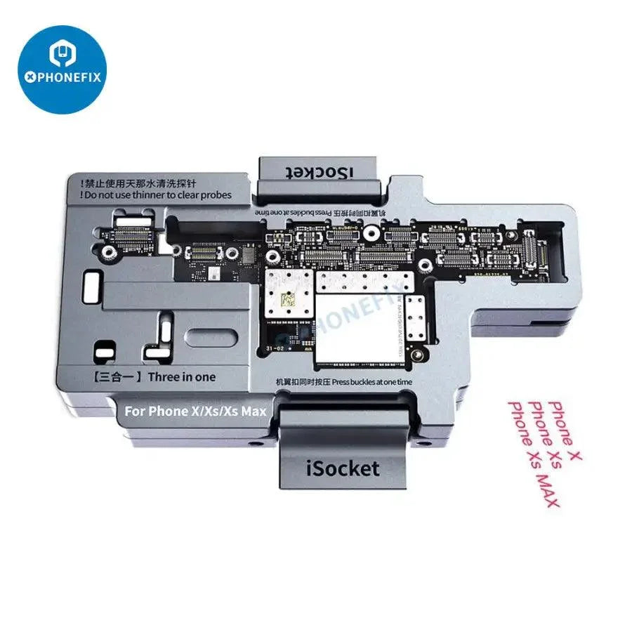 Qianli iSocket motherboard test fixture for iPhone X to 16 Pro Max by PHONEFIX, used for PCB separation and testing.