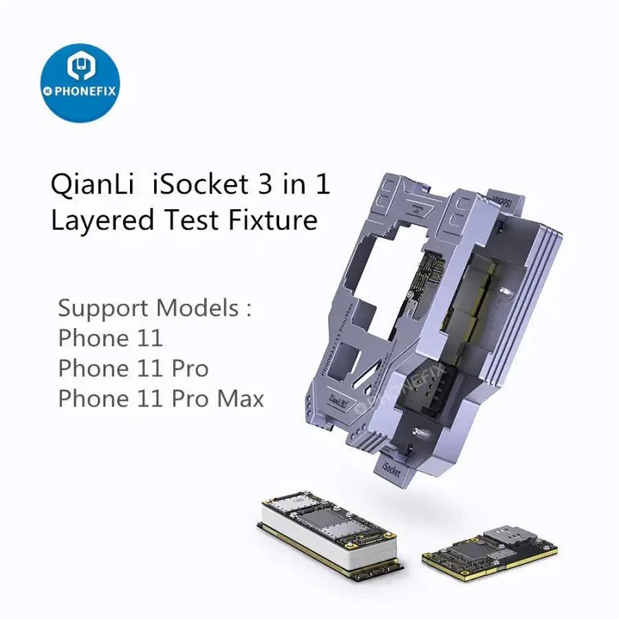 Qianli iSocket motherboard test fixture for iPhone X to 16 Pro Max, PCB separating fixture by PHONEFIX, used for phone repair.