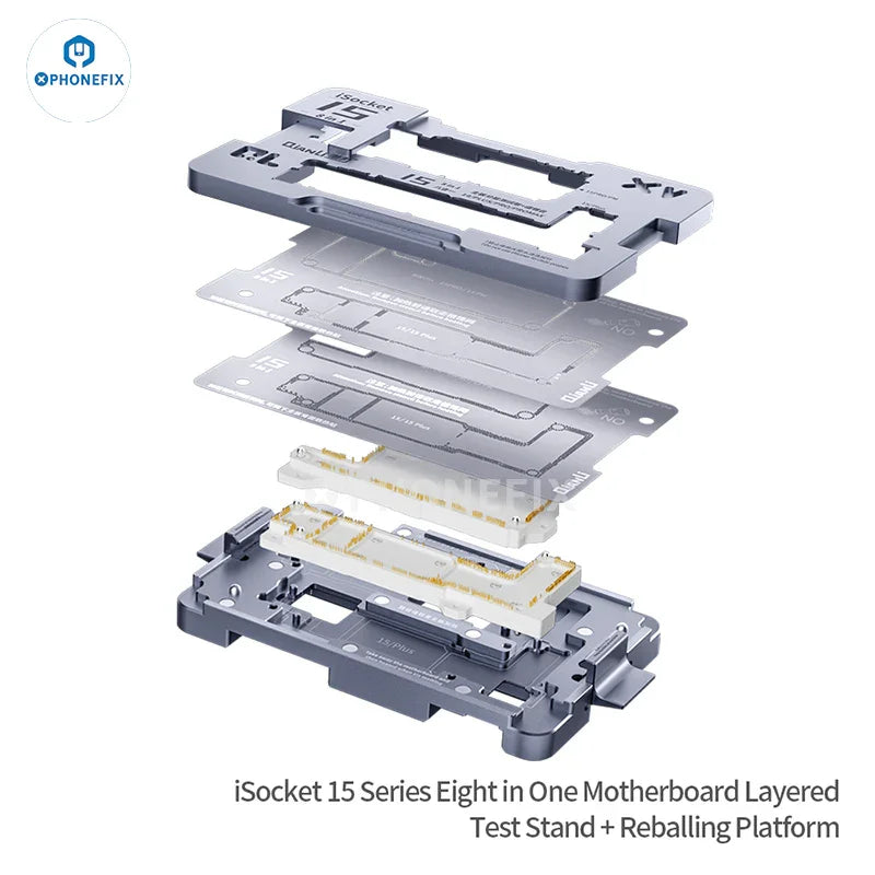 Qianli iSocket motherboard test fixture for iPhone X to 16 Pro Max, PCB separating fixture used for device repair.