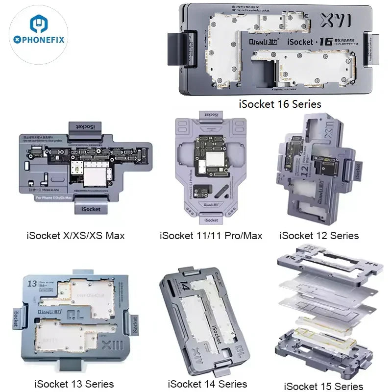 Qianli iSocket motherboard test fixture for iPhone X to 16 Pro Max, PCB separating fixture by PHONEFIX, shown in the image.