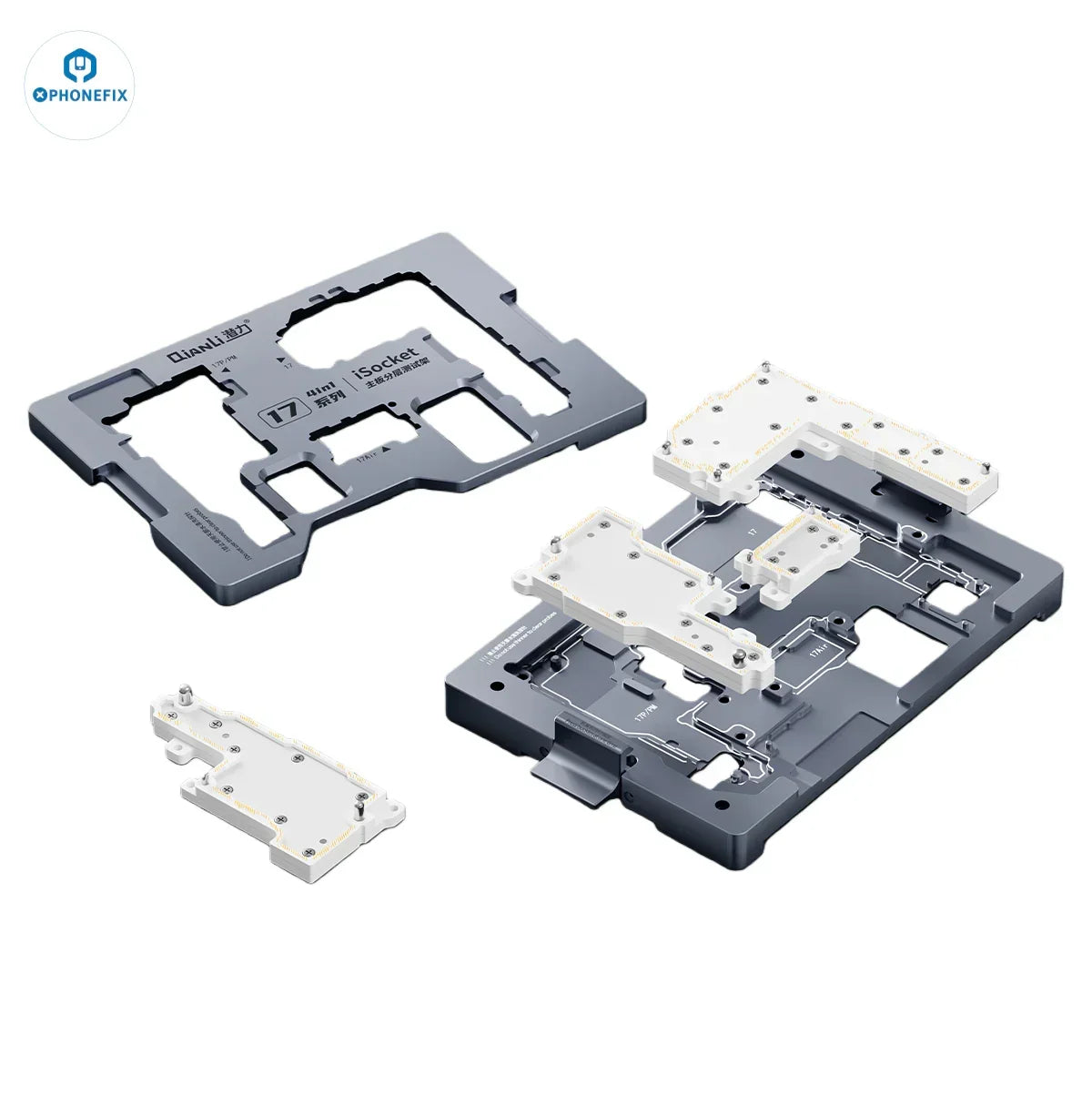 QIANLI MEGA-IDEA iSocket iPhone 17 series PCB layered test fixture by PHONEFIX, used for separating and testing iPhone 17 circuit boards.