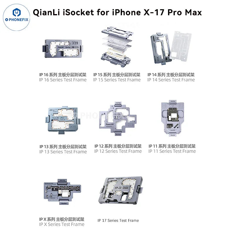 Qianli iSocket motherboard test fixture for iPhone X to 16 Pro Max, a PCB separating fixture used for repair and testing.