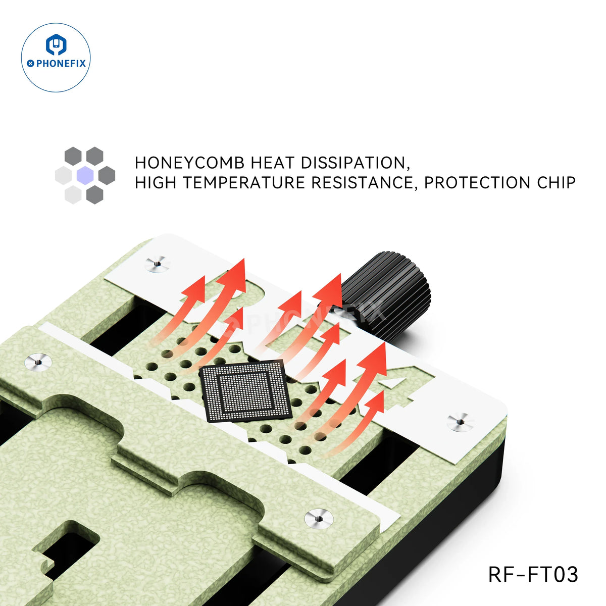 PHONEFIX RF4 universal phone motherboard fixture for CPU and IC soldering, PCB separating fixture with soldering clamp.