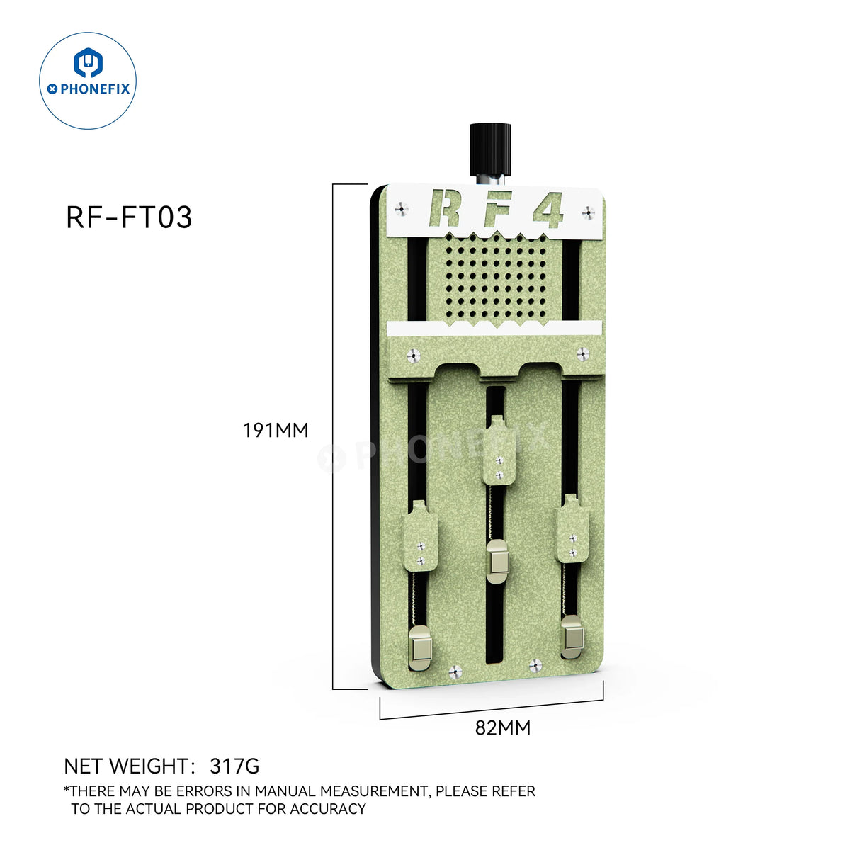 RF4 Universal Phone Motherboard Fixture and CPU IC Soldering Clamp by PHONEFIX, used for PCB separation and repair.