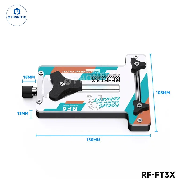 PhoneFix RF4 universal phone motherboard fixture with clamp, used for CPU IC soldering and PCB separation.