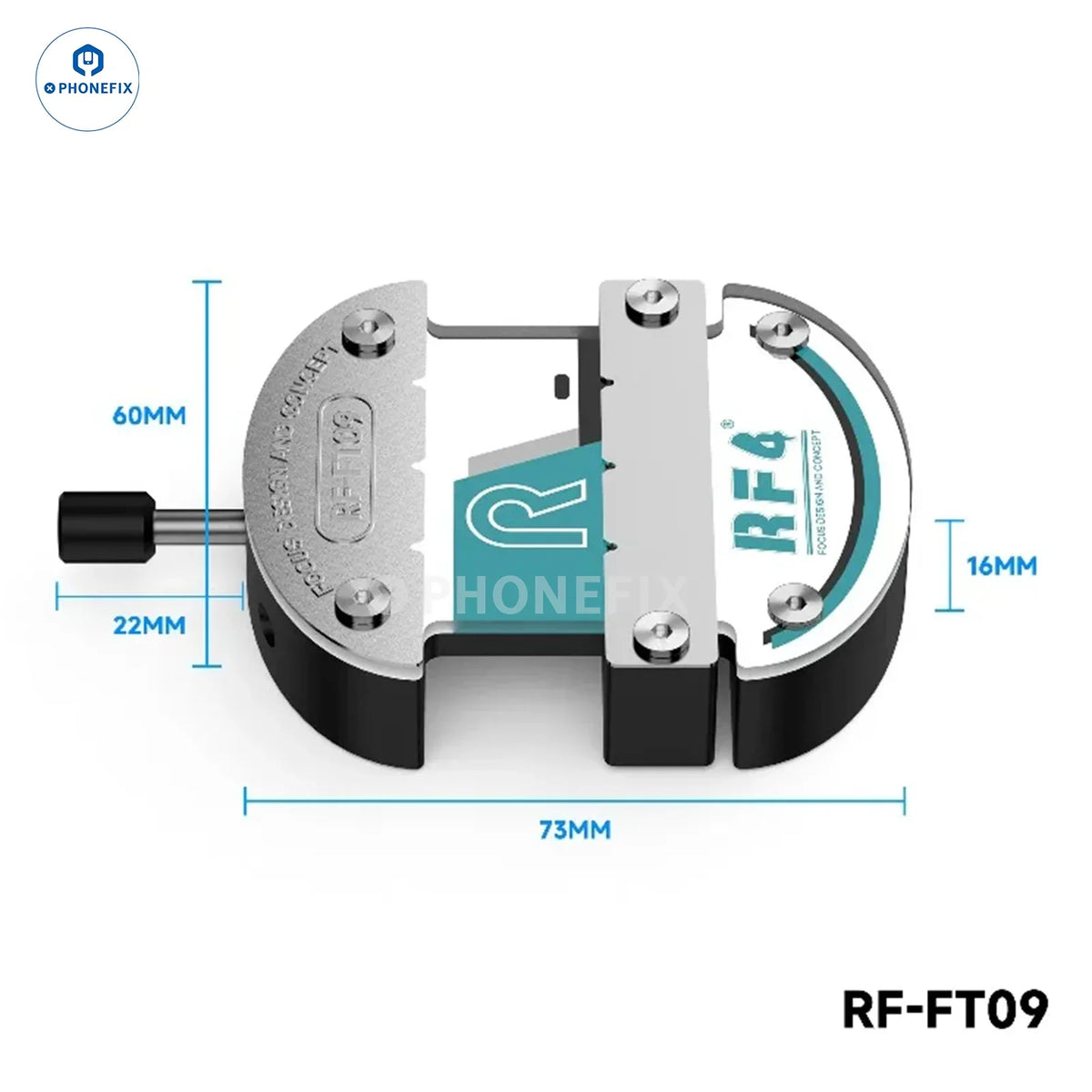 PHONEFIX RF4 universal phone motherboard fixture for CPU IC soldering and PCB separation, shown with clamp and fixture components.