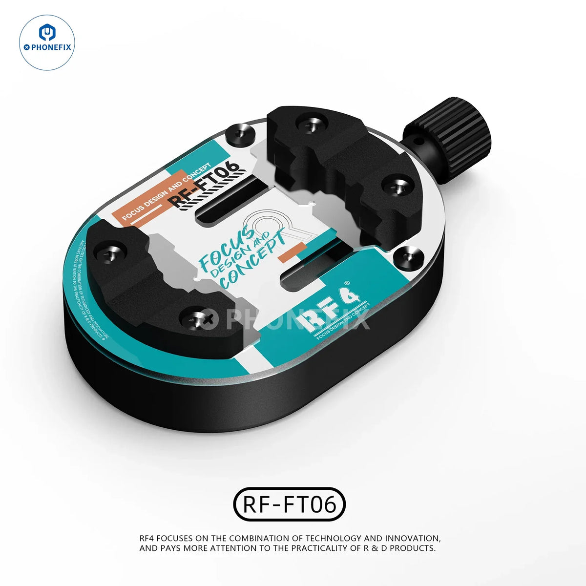 PhoneFix RF4 universal phone motherboard fixture with PCB separating clamp and CPU IC soldering support for precise repairs.