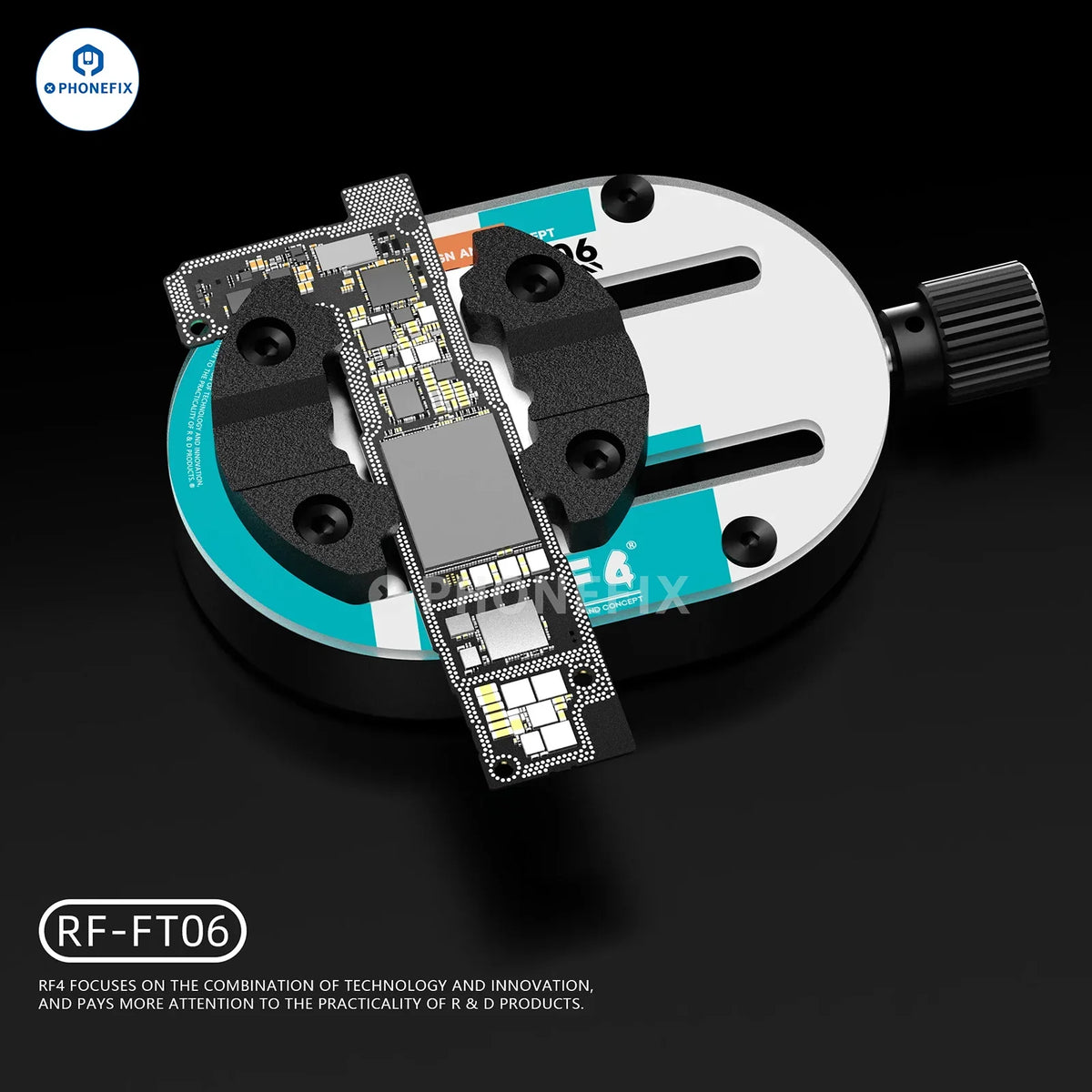 PHONEFIX RF4 universal phone motherboard fixture with clamp for PCB separation and CPU IC soldering.