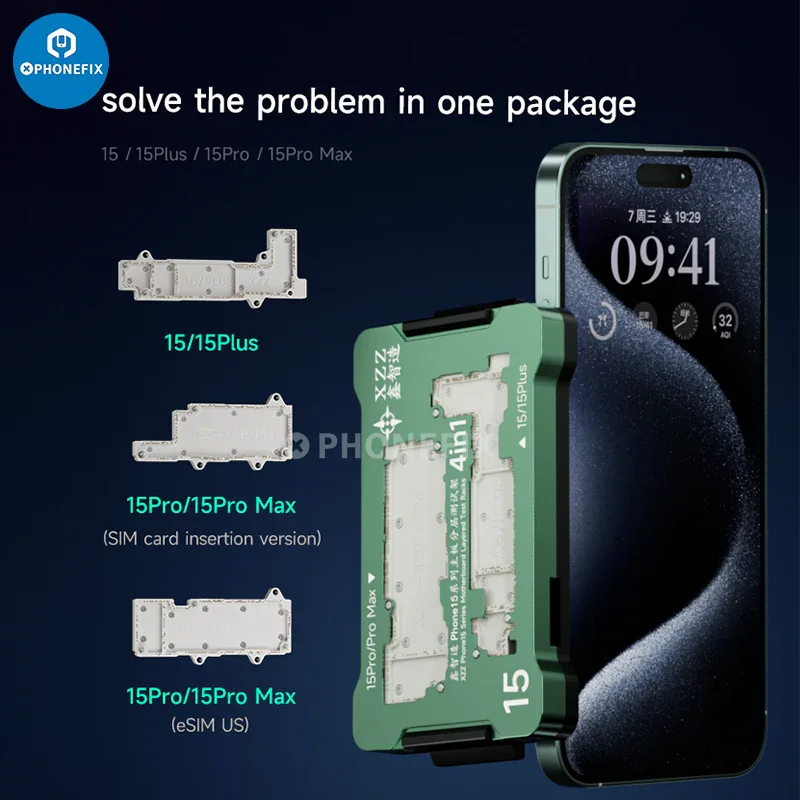 PHONEFIX XZZ iPhone 15 Series 4-in-1 motherboard layered test fixture for PCB separation and repair.
