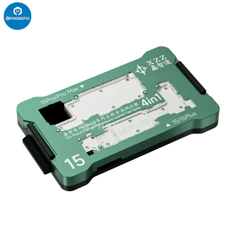 XZZ iPhone 15 Series PCB separating fixture for layered motherboard testing by PHONEFIX, with precise fixture components visible.