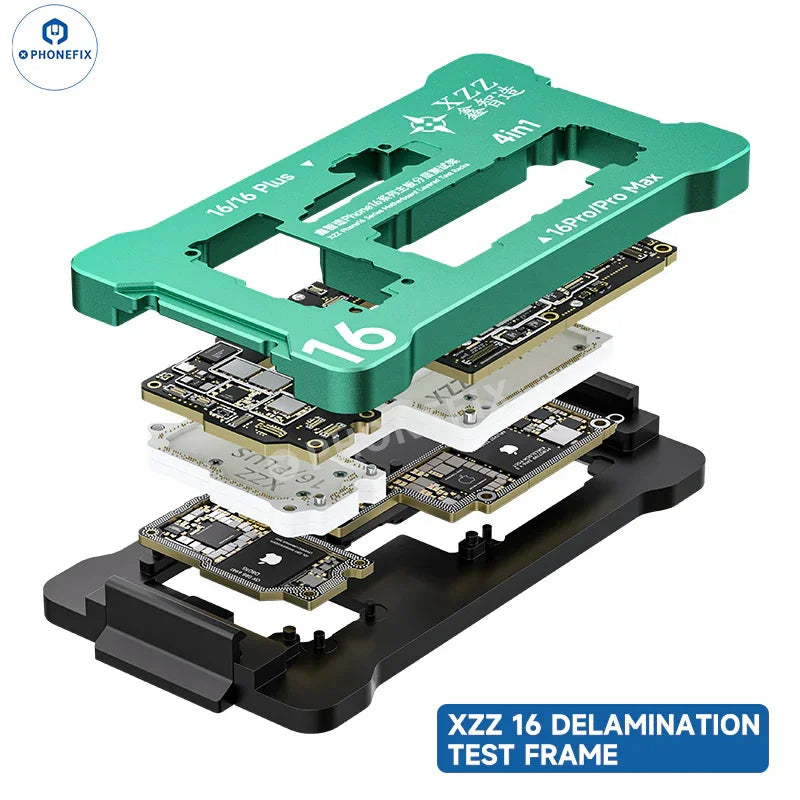 XZZ iSocket PCB separating fixture from PHONEFIX for iPhone 16 Plus/Pro Max motherboard testing, showing the fixture on a workbench.