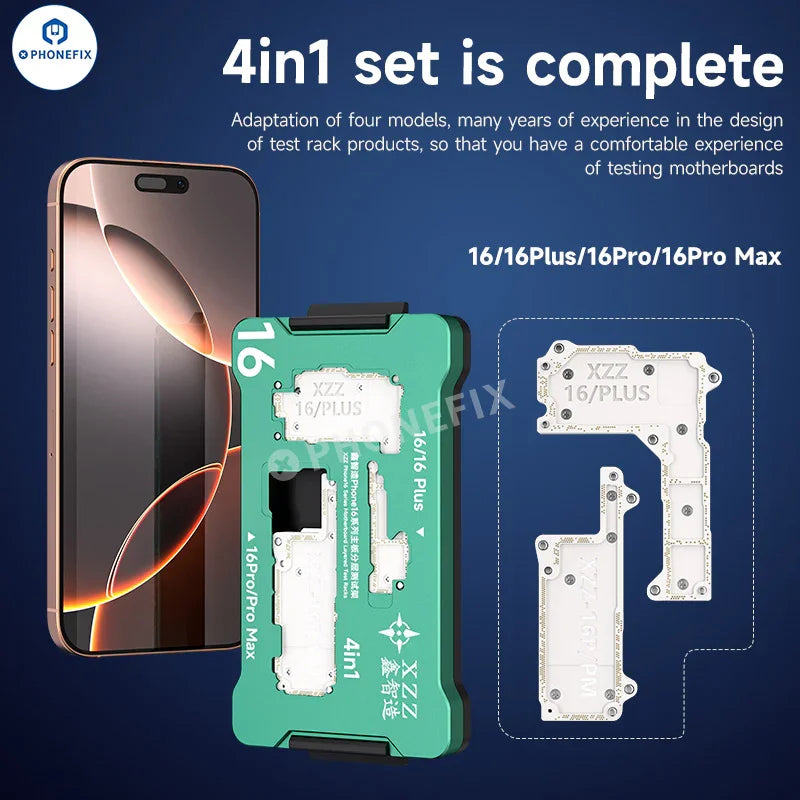 XZZ iSocket PCB separating fixture from PHONEFIX for iPhone 16 Plus/Pro Max motherboard layering testing, shown on white background.