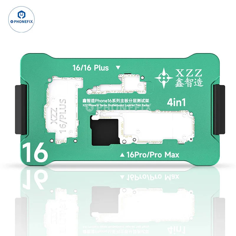 XZZ iSocket PCB separating fixture for iPhone 16 Plus/Pro Max motherboard layering testing by PHONEFIX, shown with device components.