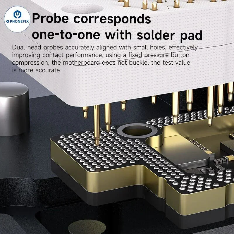 XZZ iSocket PCB separating fixture for iPhone 16 Plus/Pro Max motherboard layering testing, used by PHONEFIX technicians.