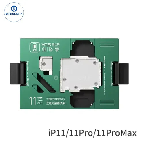 YCS iSocket motherboard layered test fixture for iPhone X-16 series by PHONEFIX, used for PCB separation testing.