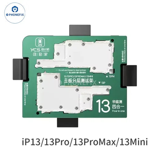 YCS iSocket motherboard layered test fixture for iPhone X-16 series, PCB separating fixture with PHONEFIX branding, SKU_IP13_Series_4IN1