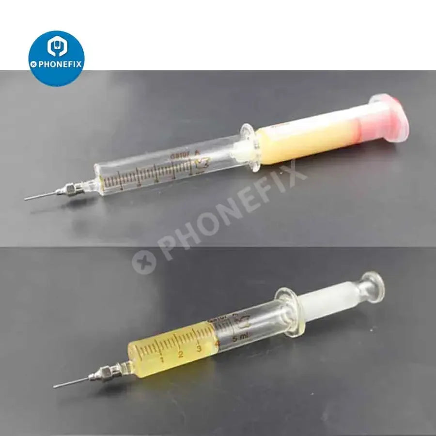 Glass syringe sampler for dispensing solder paste and flux, PHONEFIX PCB soldering tool for phone repair and electronics.