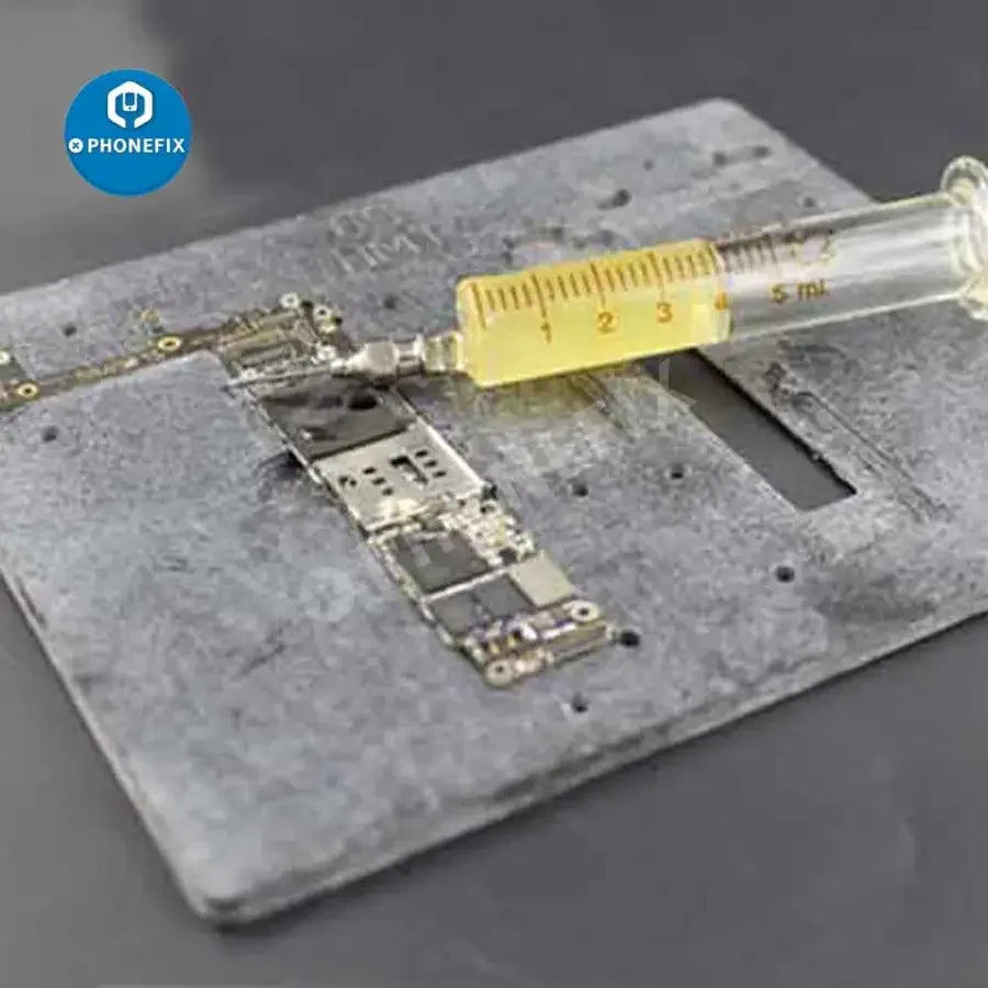 Glass syringe sampler for dispensing solder paste flux, PHONEFIX PCB soldering tool for precise phone repair and soldering tasks.