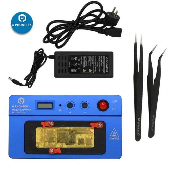 PHONEFIX 120X pre-heating station for iPhone BGA CPU desoldering, used for PCB soldering and rework of mobile device components.