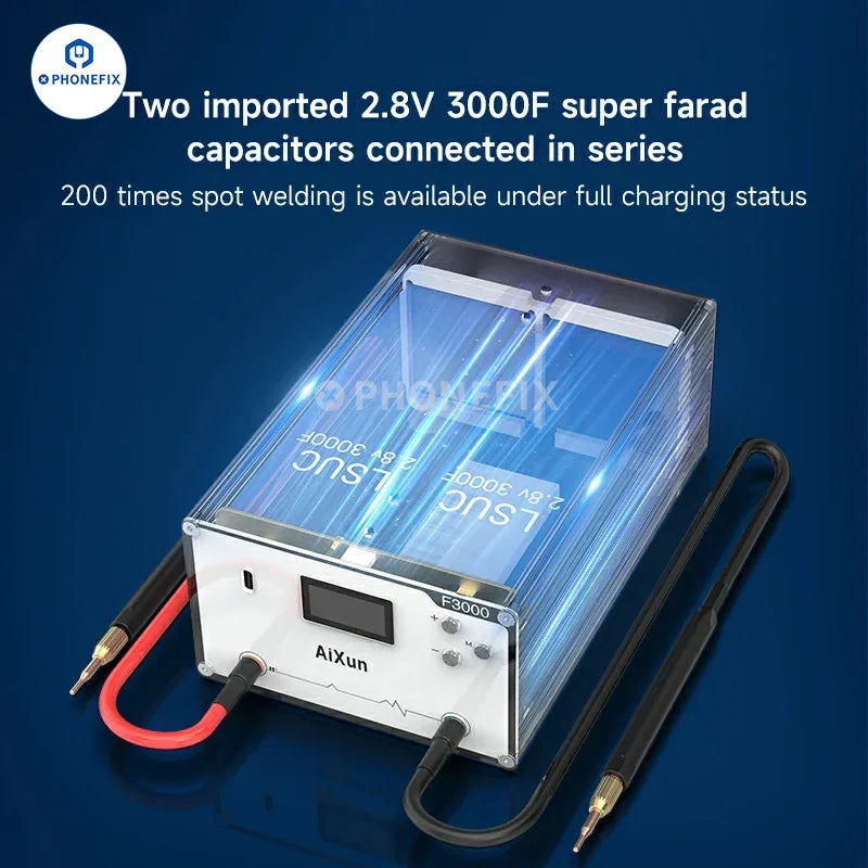 AiXun F3000 Farad Capacitor Spot Welder by PHONEFIX for battery welding and PCB soldering, showcasing the compact welding machine.