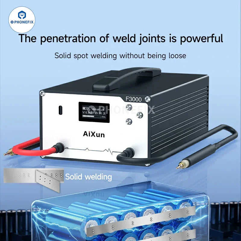 AiXun F3000 Farad Capacitor Spot Welder by PHONEFIX for PCB soldering, featuring a compact welding machine with control panel and cables.