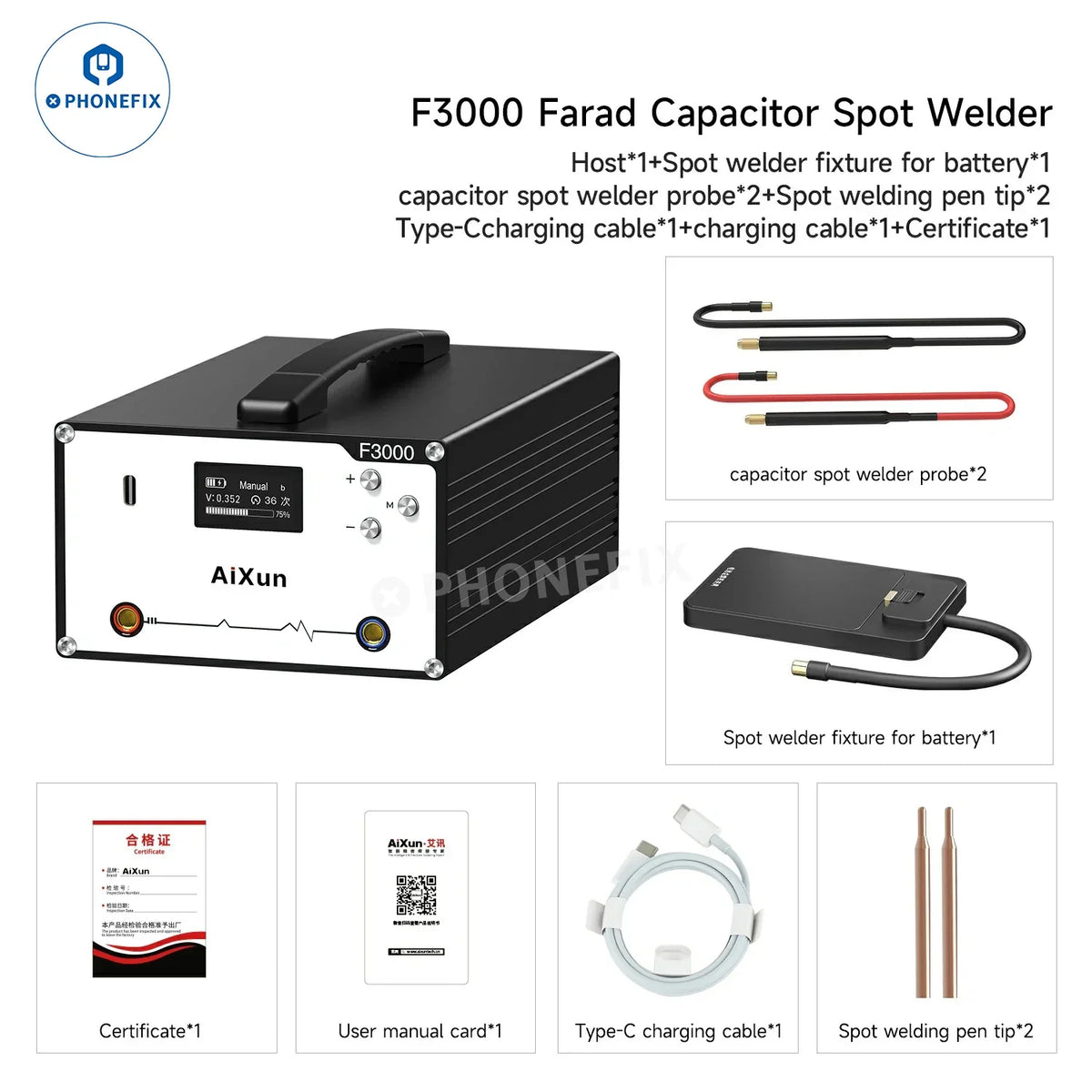 AiXun F3000 Farad Capacitor Spot Welder by PHONEFIX for PCB soldering and battery welding applications.