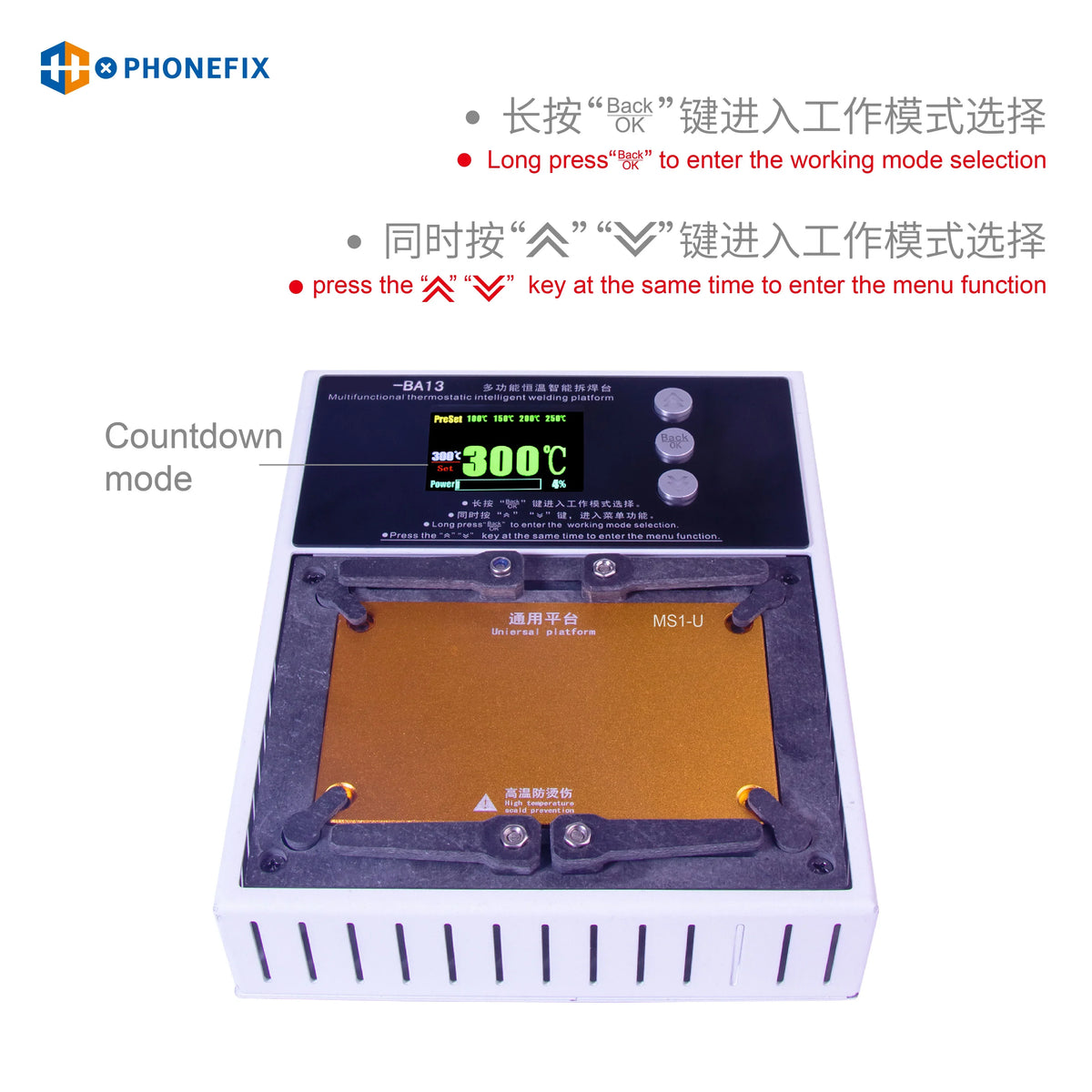 PHONEFIX multifunctional desoldering station for iPhone X-16PM, PCB soldering tool with iron and desoldering features.