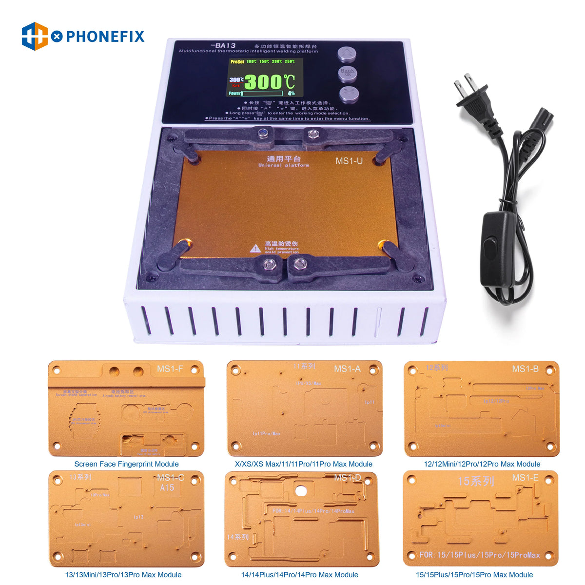 PHONEFIX multifunctional desoldering station for iPhone X-16PM, PCB soldering tool with precision hot air and soldering capabilities.