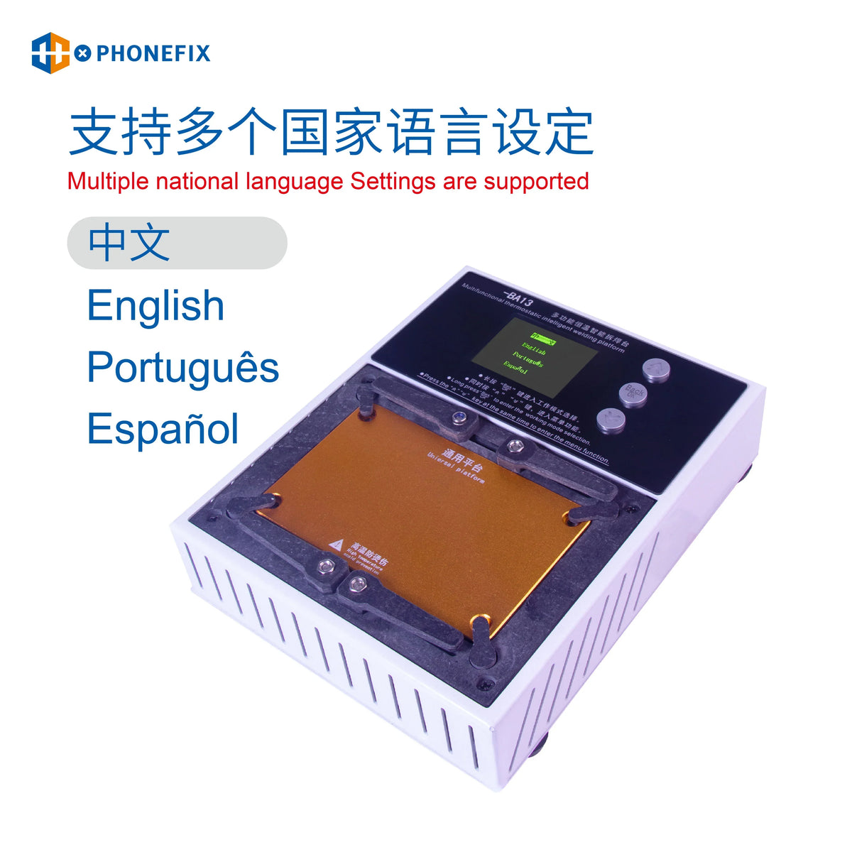 PHONEFIX multifunctional desoldering station for iPhone X and 16PM, with soldering tools and ergonomic design for PCB repairs.