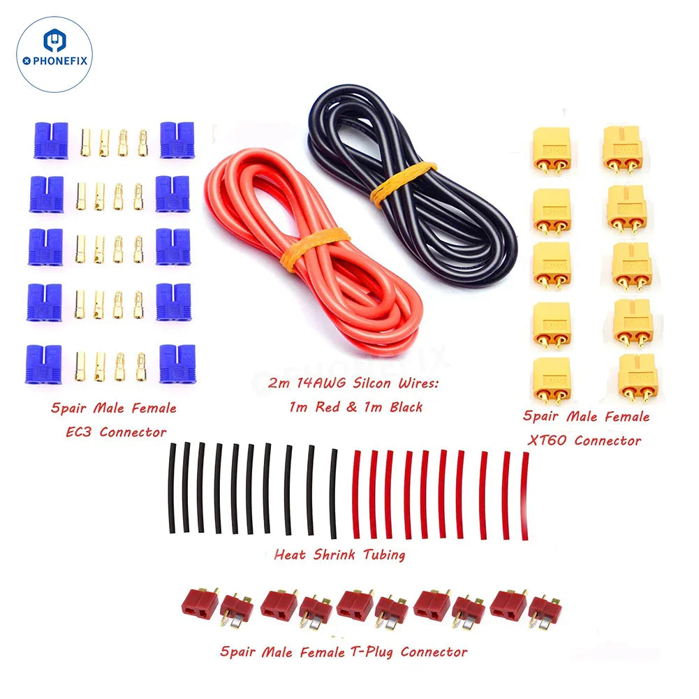 Set of 52 PHONEFIX EC3 XT60 battery connector adapters for PCB soldering, featuring T-plug design and high-quality build.