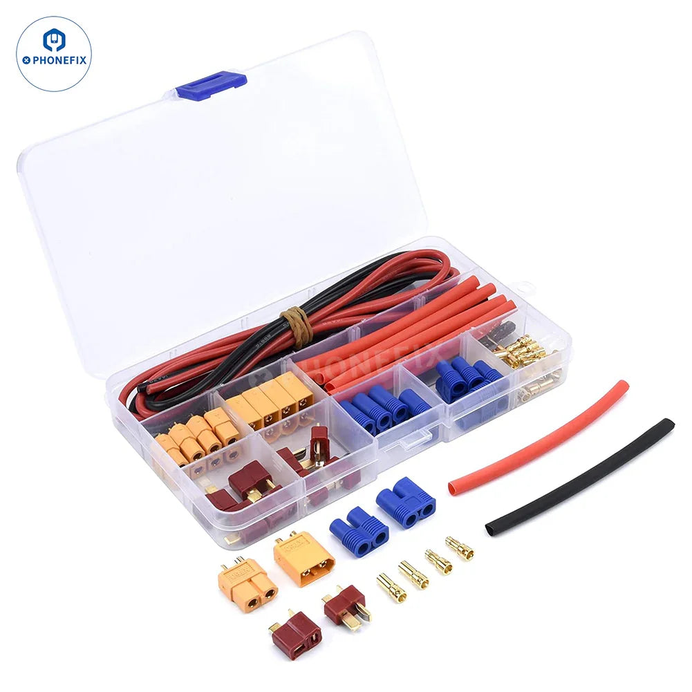 Set of 52 PHONEFIX T-Plug EC3 XT60 battery connector adapters for PCB soldering and RC battery connections.