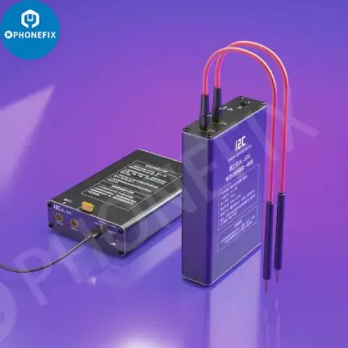 I2C DL-03S Mini Spot Welder Machine for battery short circuit repair, PCB soldering tool from PHONEFIX, shown in use.